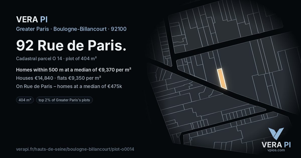 92 Rue de Paris, Boulogne-Billancourt at night – the plot lit, the parcels around coloured by the prices near them