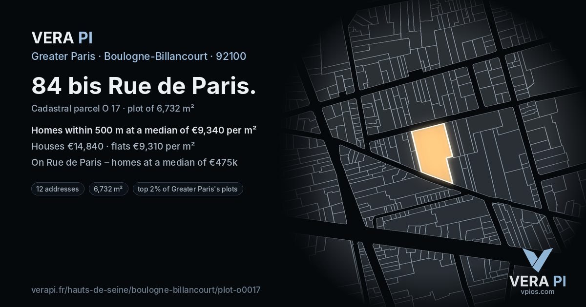 84 bis Rue de Paris, Boulogne-Billancourt at night – the plot lit, the parcels around coloured by the prices near them