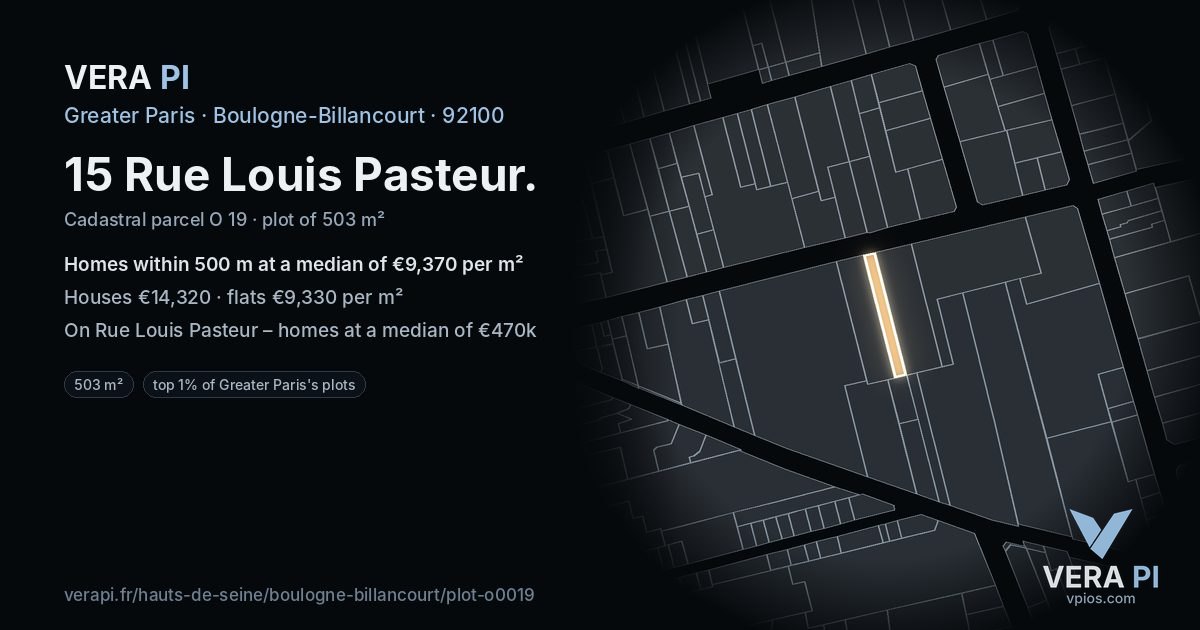 15 Rue Louis Pasteur, Boulogne-Billancourt at night – the plot lit, the parcels around coloured by the prices near them