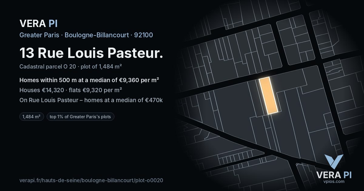 13 Rue Louis Pasteur, Boulogne-Billancourt at night – the plot lit, the parcels around coloured by the prices near them