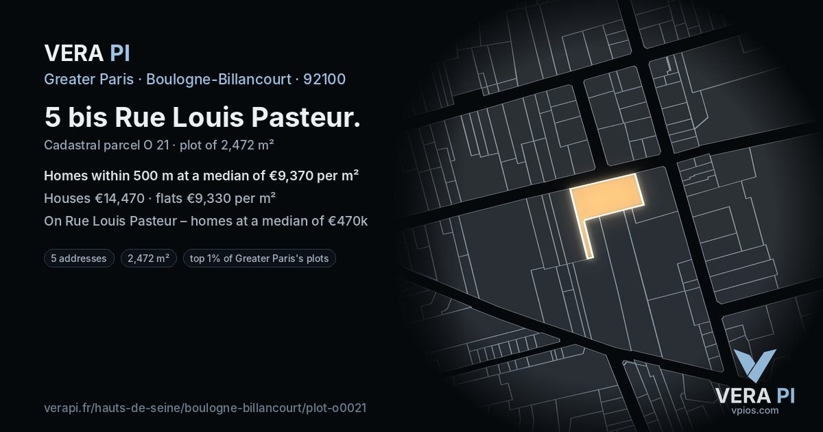 5 bis Rue Louis Pasteur, Boulogne-Billancourt at night – the plot lit, the parcels around coloured by the prices near them
