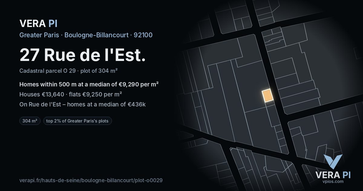 27 Rue de l'Est, Boulogne-Billancourt at night – the plot lit, the parcels around coloured by the prices near them
