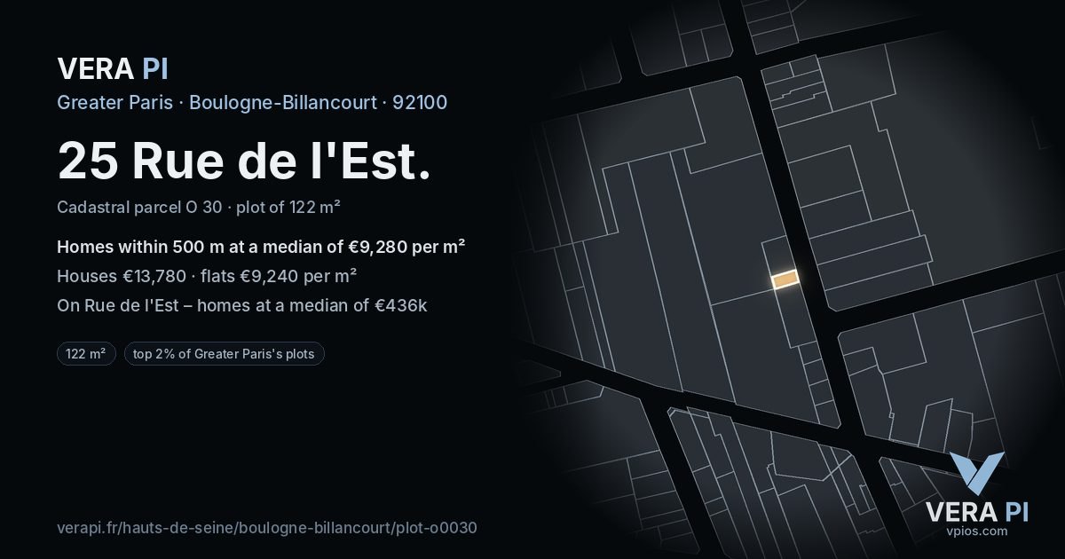 25 Rue de l'Est, Boulogne-Billancourt at night – the plot lit, the parcels around coloured by the prices near them