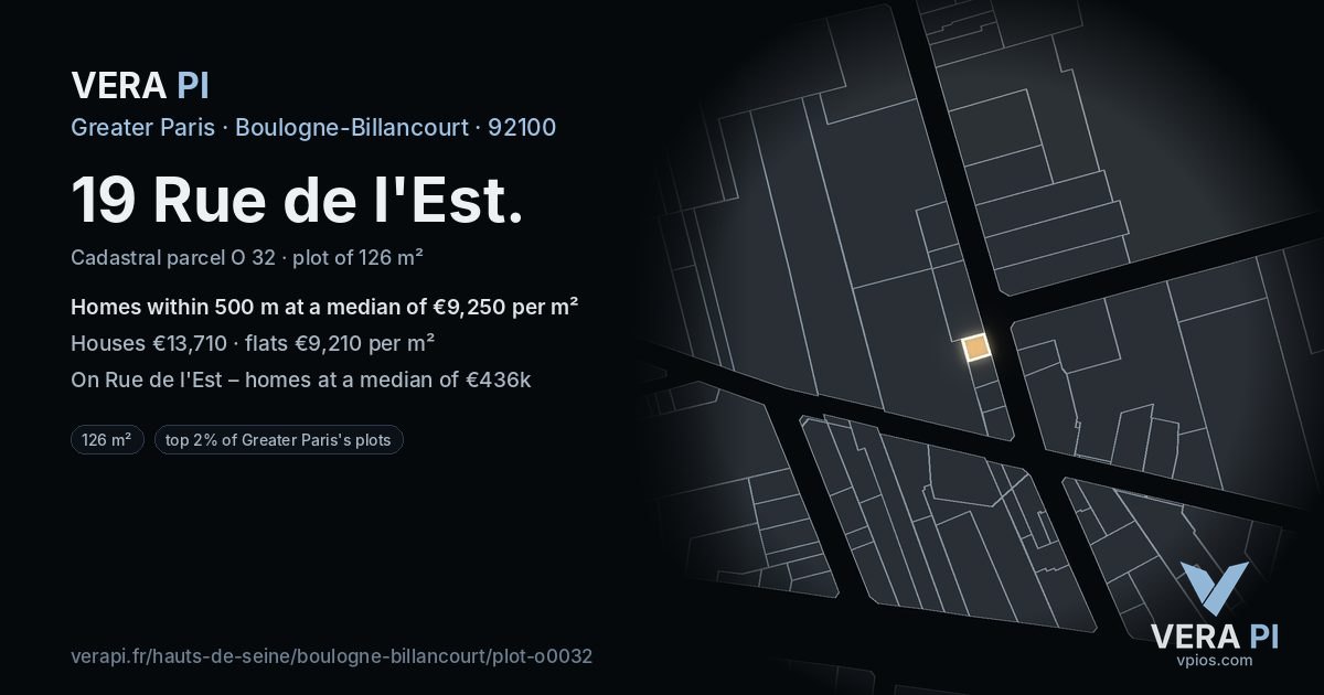 19 Rue de l'Est, Boulogne-Billancourt at night – the plot lit, the parcels around coloured by the prices near them