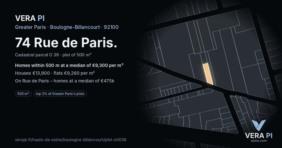 74 Rue de Paris, Boulogne-Billancourt at night – the plot lit, the parcels around coloured by the prices near them