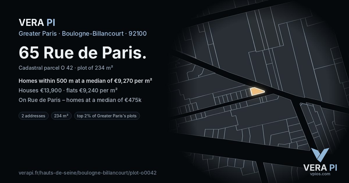 65 Rue de Paris, Boulogne-Billancourt at night – the plot lit, the parcels around coloured by the prices near them