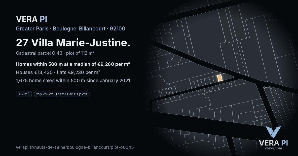 27 Villa Marie-Justine, Boulogne-Billancourt at night – the plot lit, the parcels around coloured by the prices near them