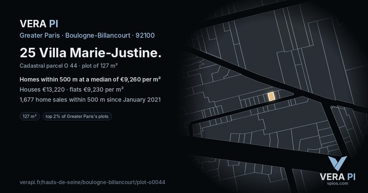 25 Villa Marie-Justine, Boulogne-Billancourt at night – the plot lit, the parcels around coloured by the prices near them