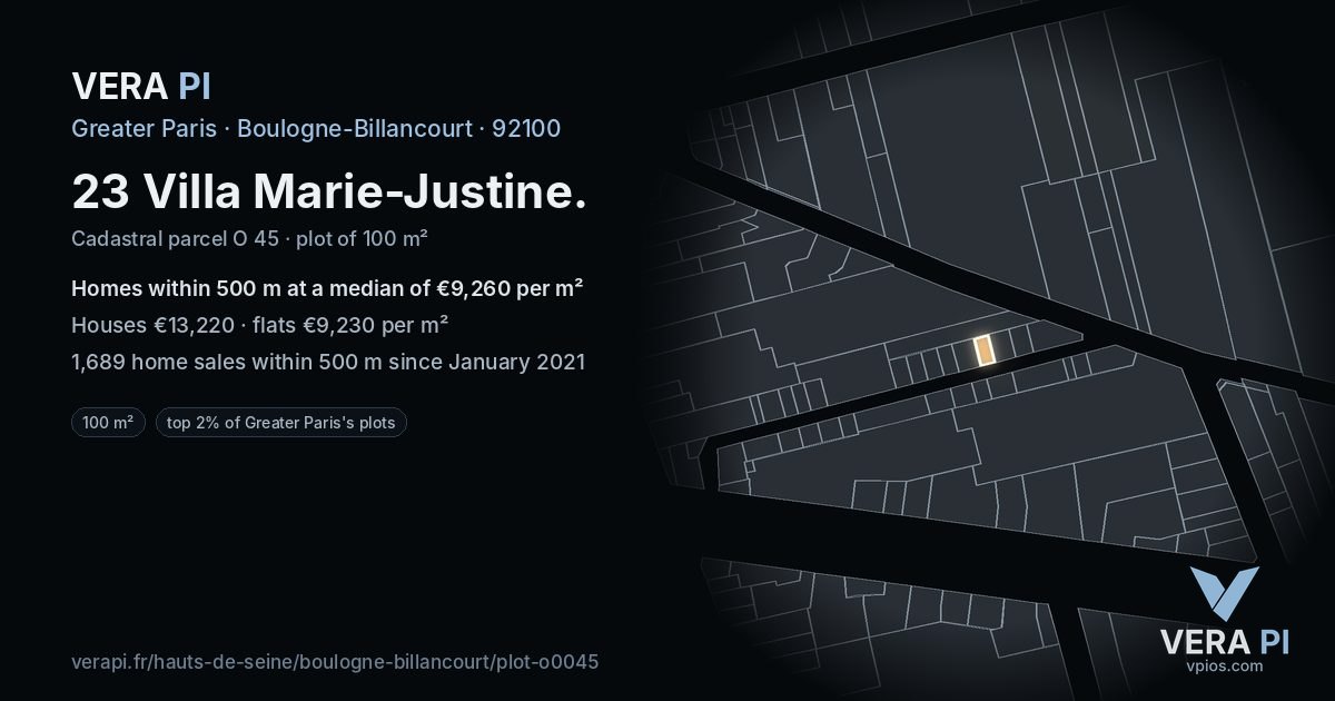 23 Villa Marie-Justine, Boulogne-Billancourt at night – the plot lit, the parcels around coloured by the prices near them
