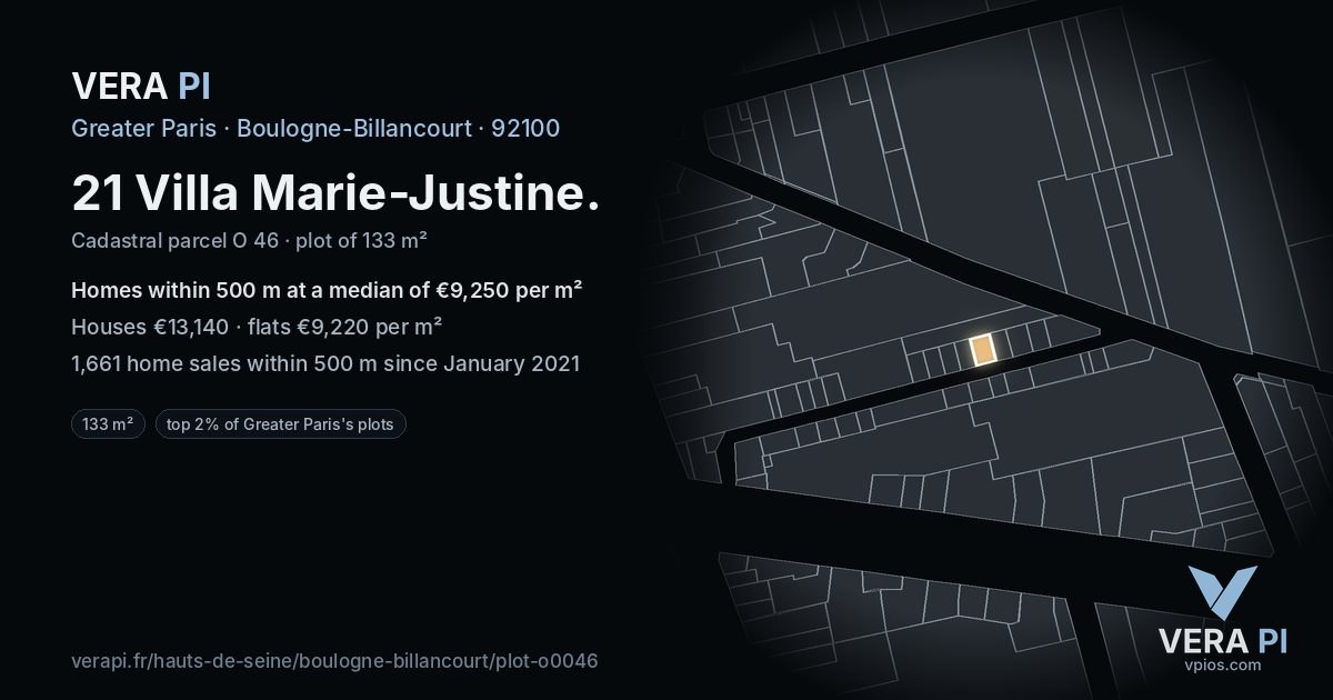 21 Villa Marie-Justine, Boulogne-Billancourt at night – the plot lit, the parcels around coloured by the prices near them