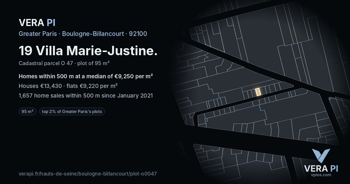 19 Villa Marie-Justine, Boulogne-Billancourt at night – the plot lit, the parcels around coloured by the prices near them