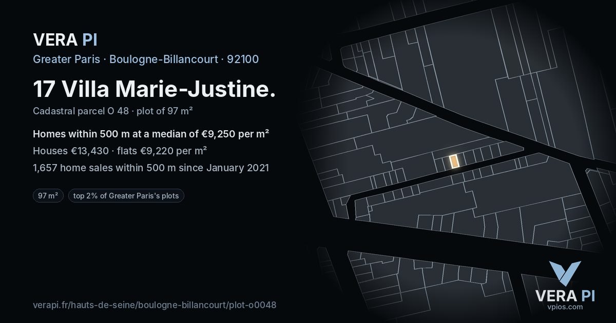 17 Villa Marie-Justine, Boulogne-Billancourt at night – the plot lit, the parcels around coloured by the prices near them