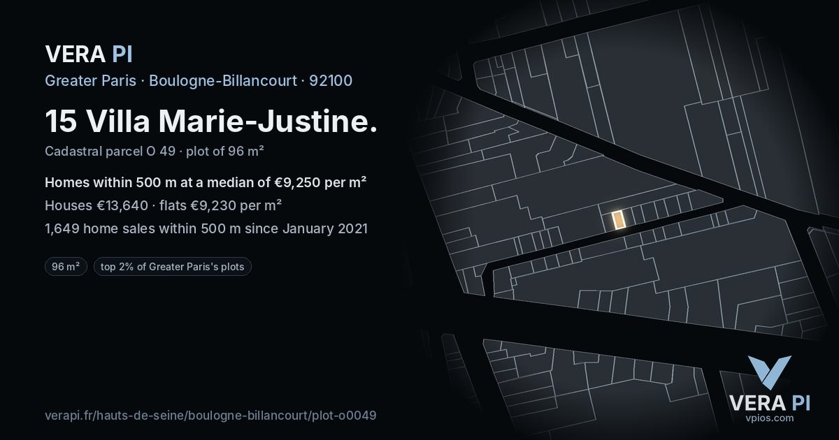15 Villa Marie-Justine, Boulogne-Billancourt at night – the plot lit, the parcels around coloured by the prices near them