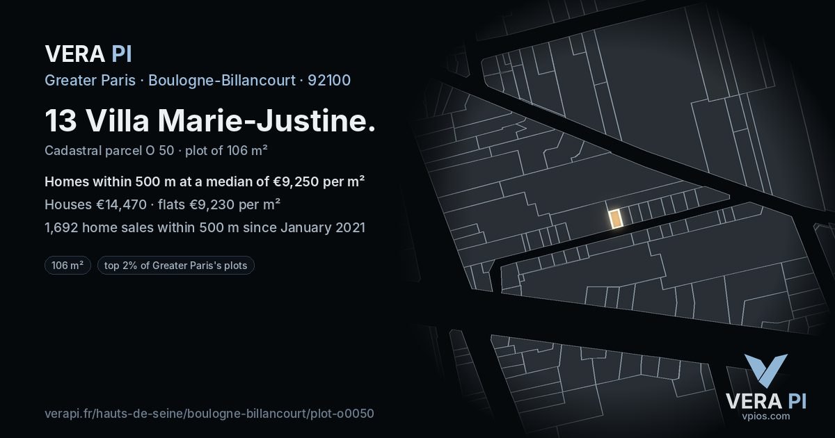 13 Villa Marie-Justine, Boulogne-Billancourt at night – the plot lit, the parcels around coloured by the prices near them