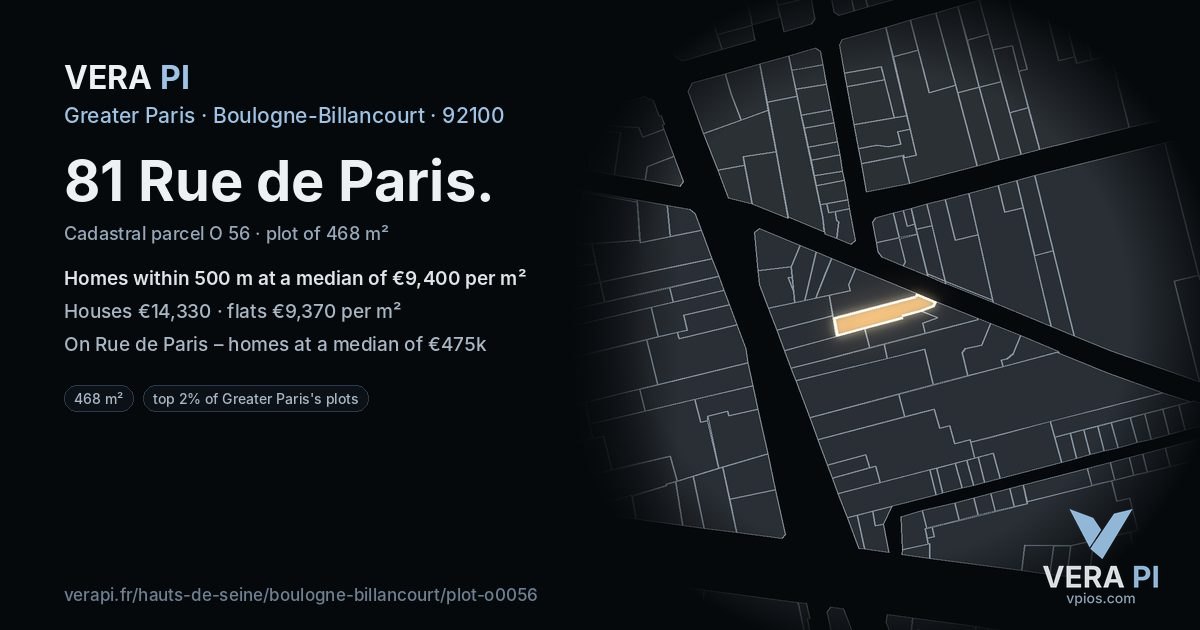 81 Rue de Paris, Boulogne-Billancourt at night – the plot lit, the parcels around coloured by the prices near them