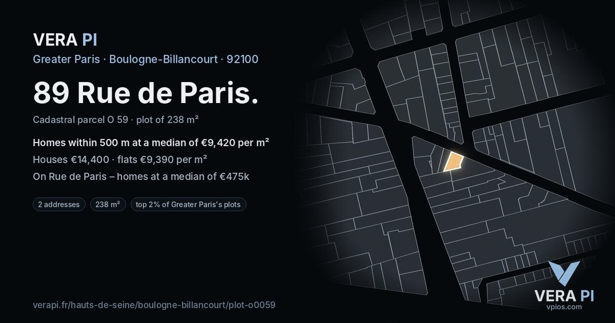 89 Rue de Paris, Boulogne-Billancourt at night – the plot lit, the parcels around coloured by the prices near them