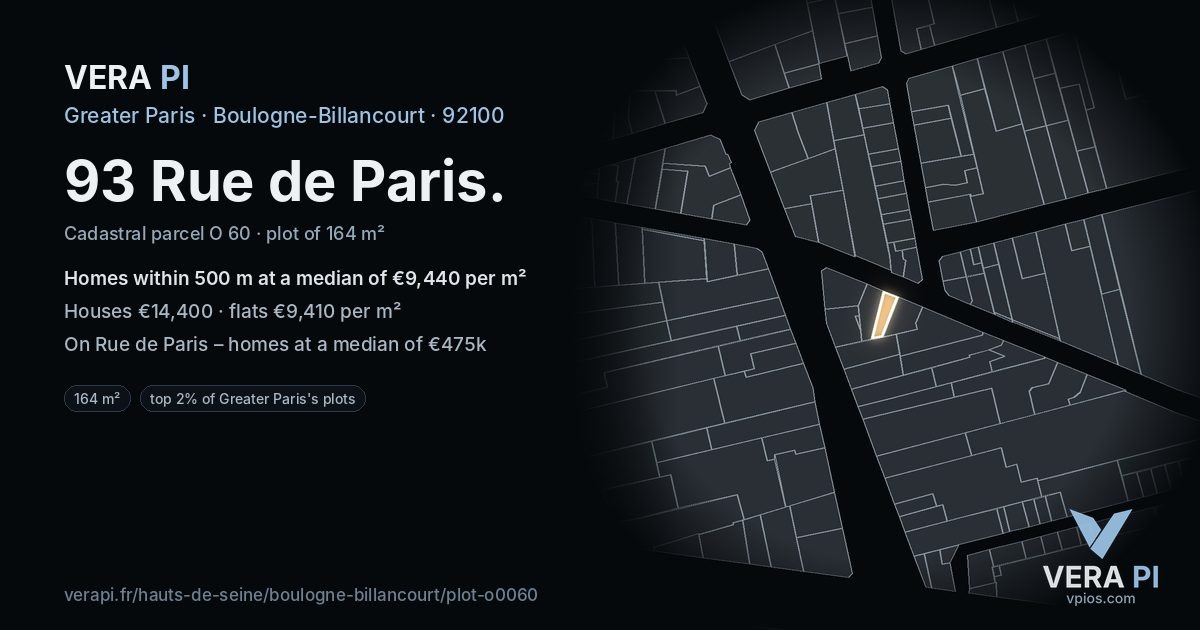 93 Rue de Paris, Boulogne-Billancourt at night – the plot lit, the parcels around coloured by the prices near them