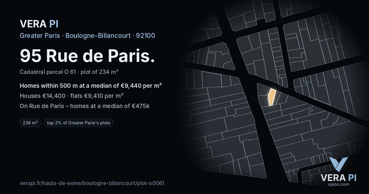 95 Rue de Paris, Boulogne-Billancourt at night – the plot lit, the parcels around coloured by the prices near them
