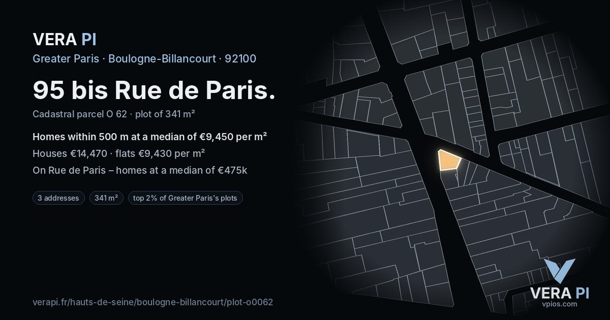 95 bis Rue de Paris, Boulogne-Billancourt at night – the plot lit, the parcels around coloured by the prices near them