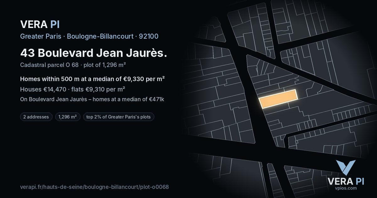 43 Boulevard Jean Jaurès, Boulogne-Billancourt at night – the plot lit, the parcels around coloured by the prices near them