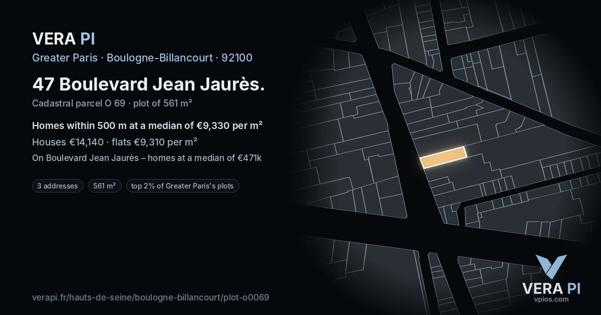 47 Boulevard Jean Jaurès, Boulogne-Billancourt at night – the plot lit, the parcels around coloured by the prices near them