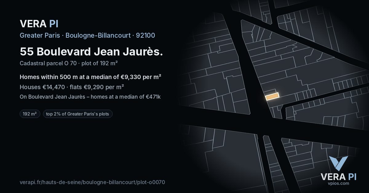 55 Boulevard Jean Jaurès, Boulogne-Billancourt at night – the plot lit, the parcels around coloured by the prices near them