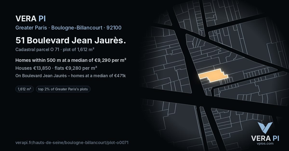 51 Boulevard Jean Jaurès, Boulogne-Billancourt at night – the plot lit, the parcels around coloured by the prices near them