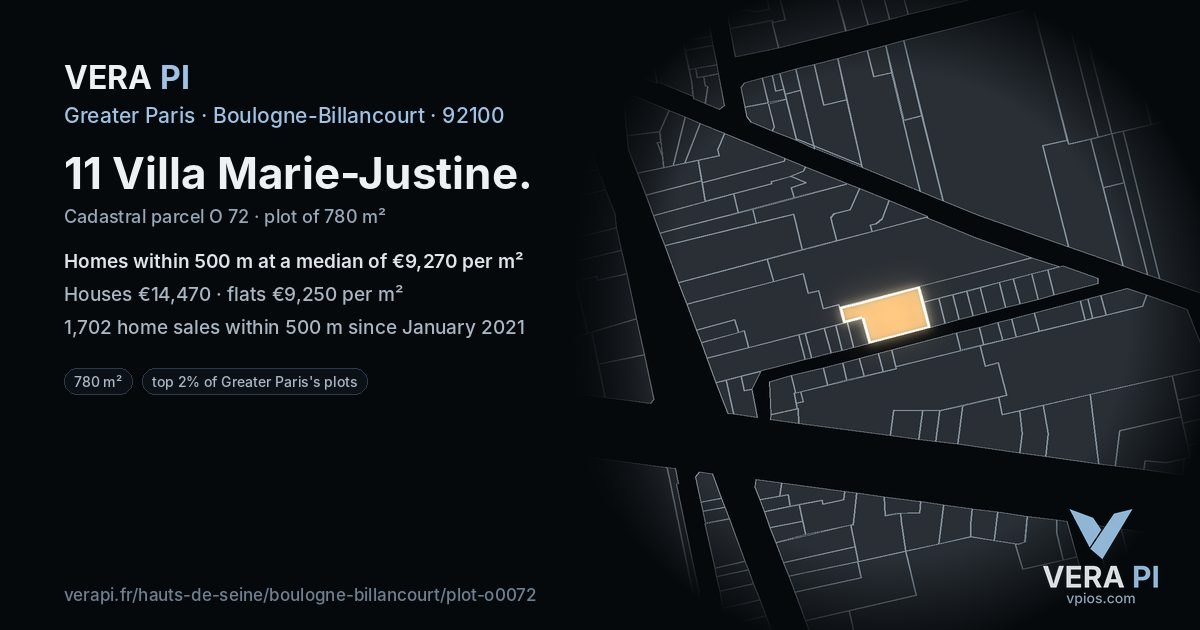 11 Villa Marie-Justine, Boulogne-Billancourt at night – the plot lit, the parcels around coloured by the prices near them