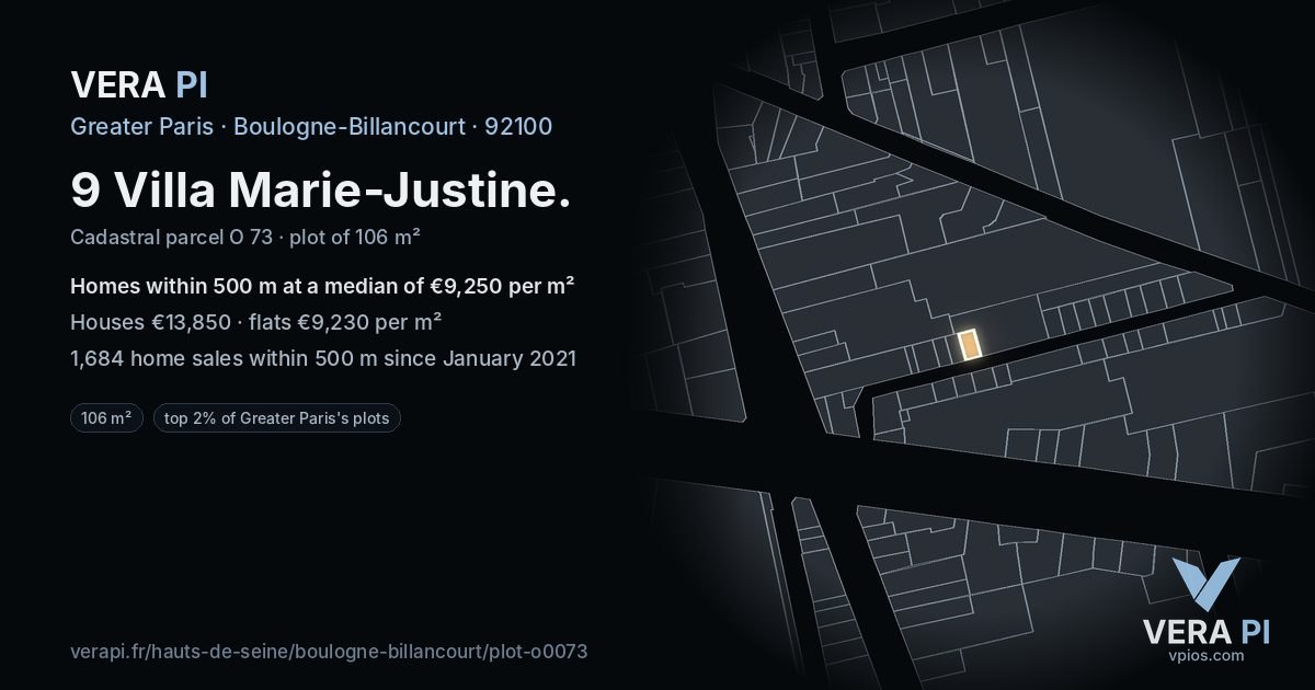 9 Villa Marie-Justine, Boulogne-Billancourt at night – the plot lit, the parcels around coloured by the prices near them
