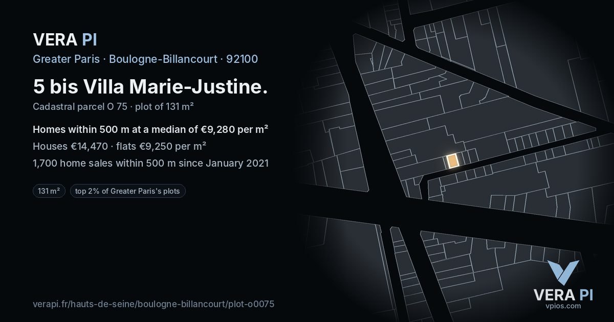 5 bis Villa Marie-Justine, Boulogne-Billancourt at night – the plot lit, the parcels around coloured by the prices near them