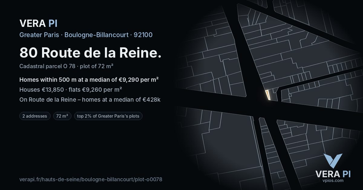 80 Route de la Reine, Boulogne-Billancourt at night – the plot lit, the parcels around coloured by the prices near them