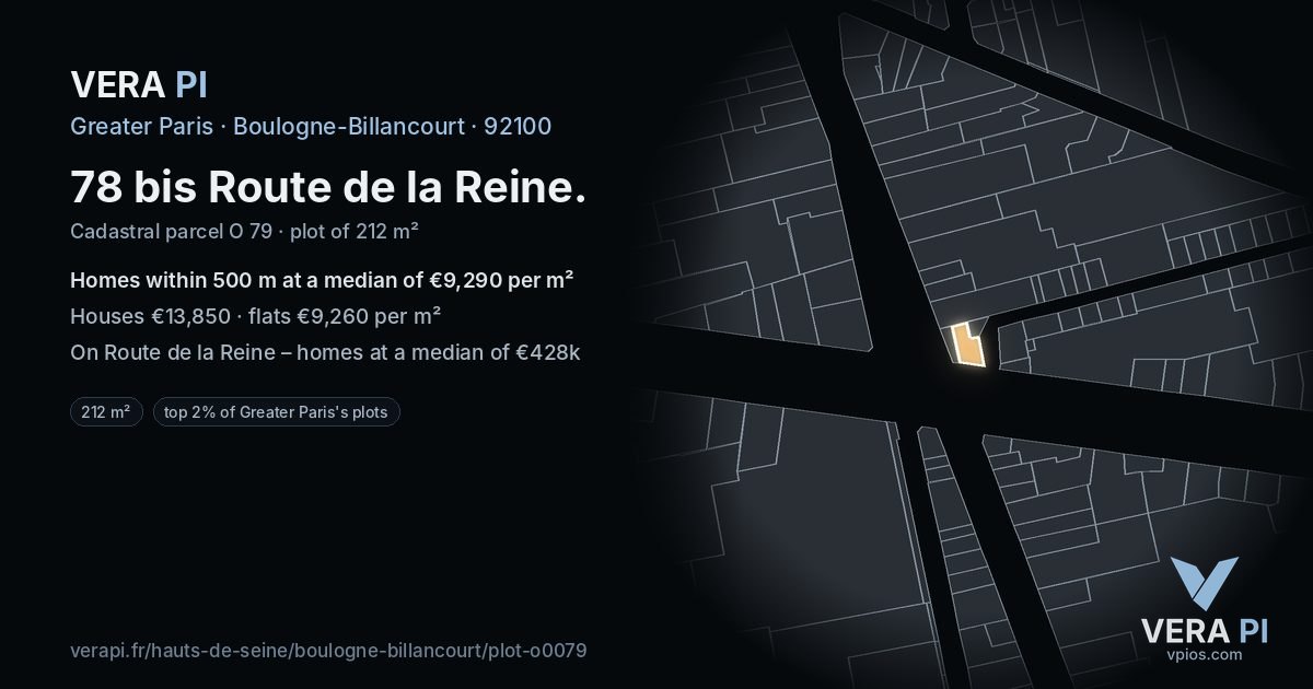 78 bis Route de la Reine, Boulogne-Billancourt at night – the plot lit, the parcels around coloured by the prices near them