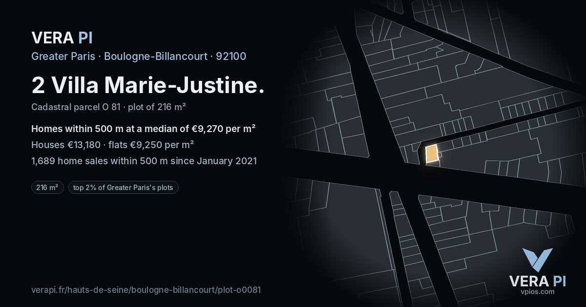 2 Villa Marie-Justine, Boulogne-Billancourt at night – the plot lit, the parcels around coloured by the prices near them