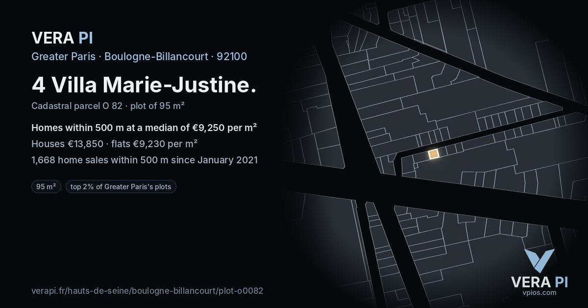 4 Villa Marie-Justine, Boulogne-Billancourt at night – the plot lit, the parcels around coloured by the prices near them