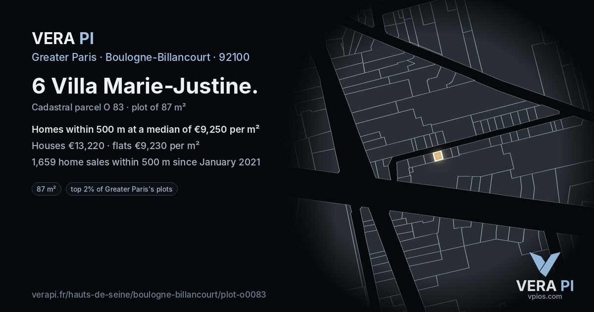6 Villa Marie-Justine, Boulogne-Billancourt at night – the plot lit, the parcels around coloured by the prices near them