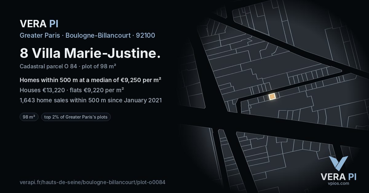 8 Villa Marie-Justine, Boulogne-Billancourt at night – the plot lit, the parcels around coloured by the prices near them