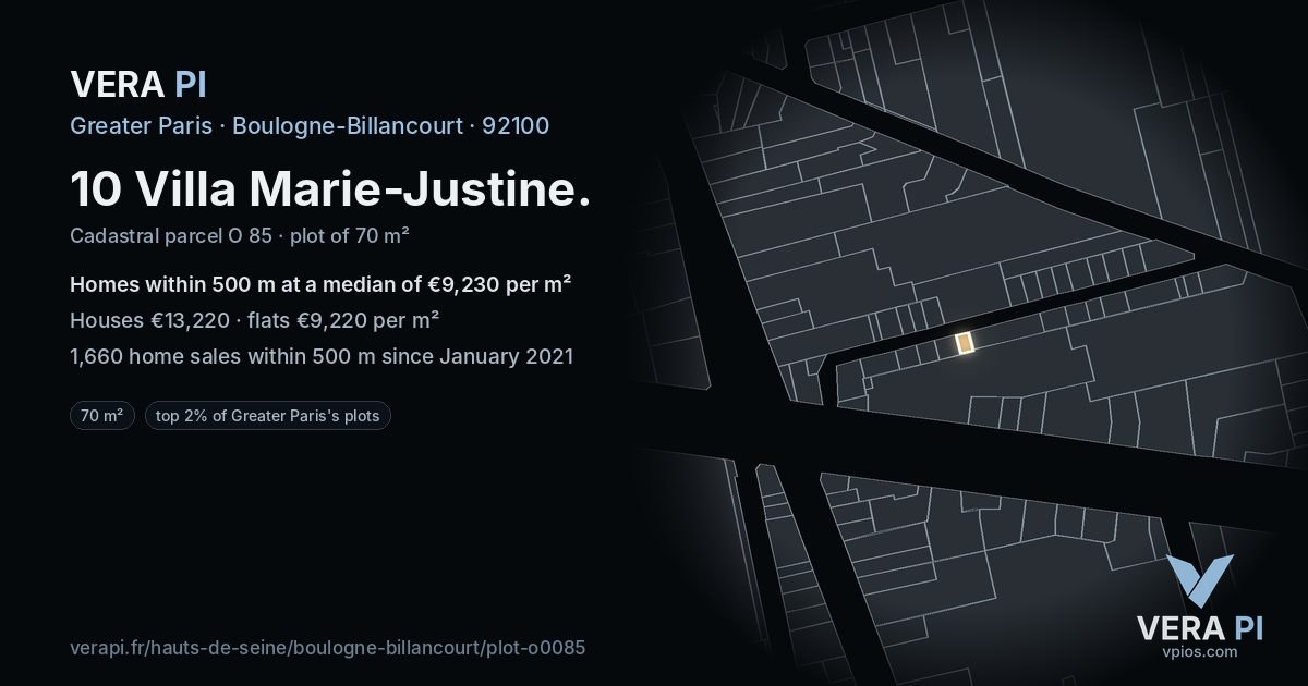 10 Villa Marie-Justine, Boulogne-Billancourt at night – the plot lit, the parcels around coloured by the prices near them