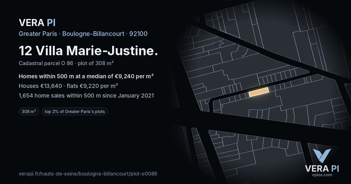 12 Villa Marie-Justine, Boulogne-Billancourt at night – the plot lit, the parcels around coloured by the prices near them