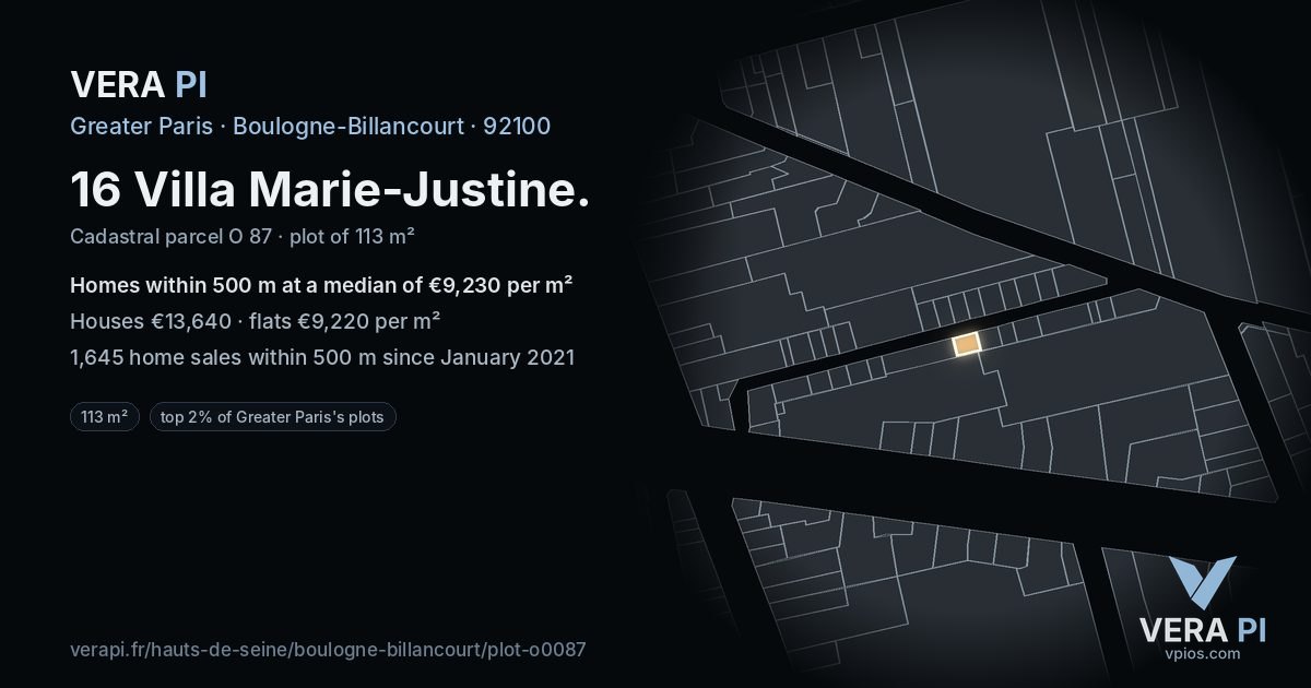 16 Villa Marie-Justine, Boulogne-Billancourt at night – the plot lit, the parcels around coloured by the prices near them