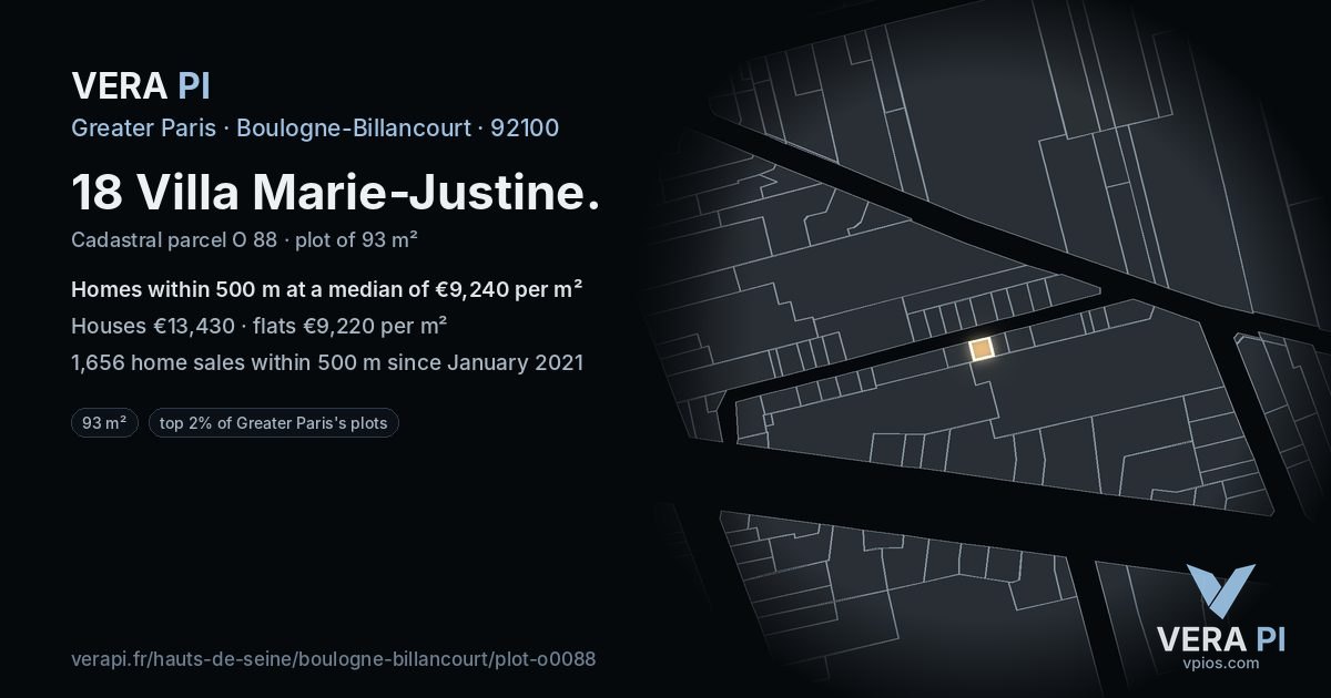 18 Villa Marie-Justine, Boulogne-Billancourt at night – the plot lit, the parcels around coloured by the prices near them
