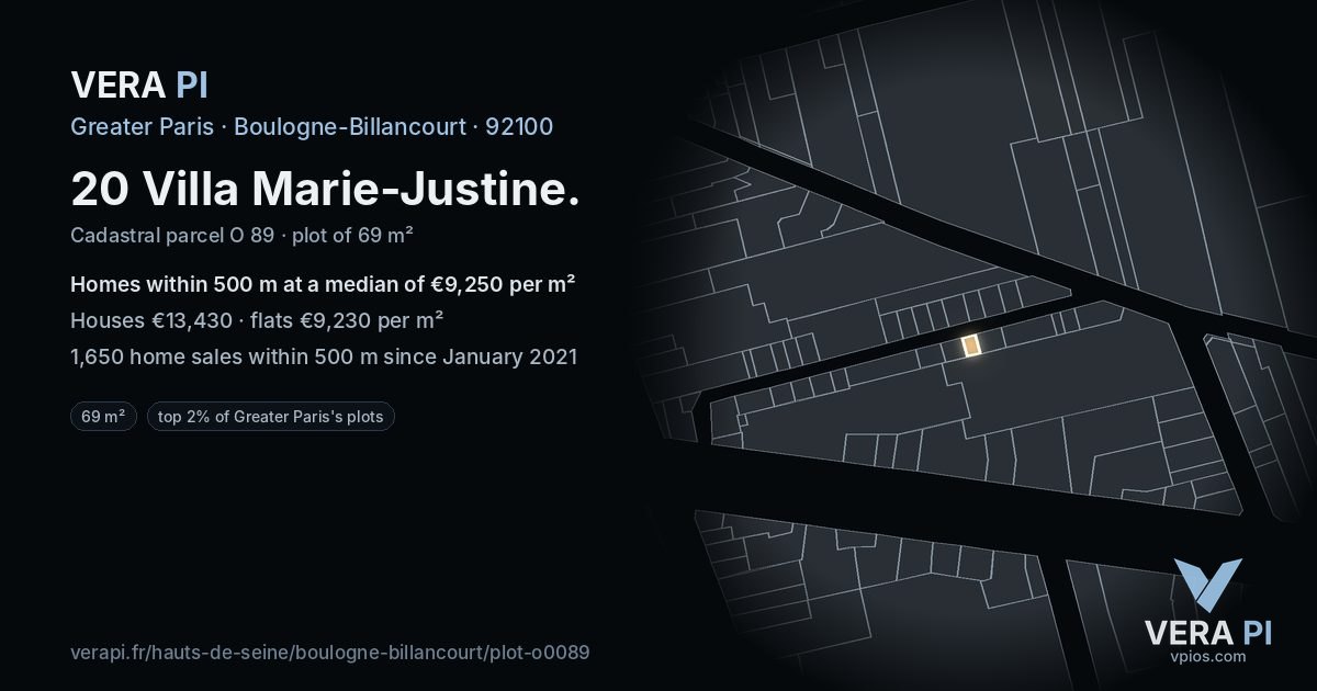 20 Villa Marie-Justine, Boulogne-Billancourt at night – the plot lit, the parcels around coloured by the prices near them
