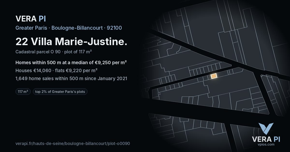 22 Villa Marie-Justine, Boulogne-Billancourt at night – the plot lit, the parcels around coloured by the prices near them