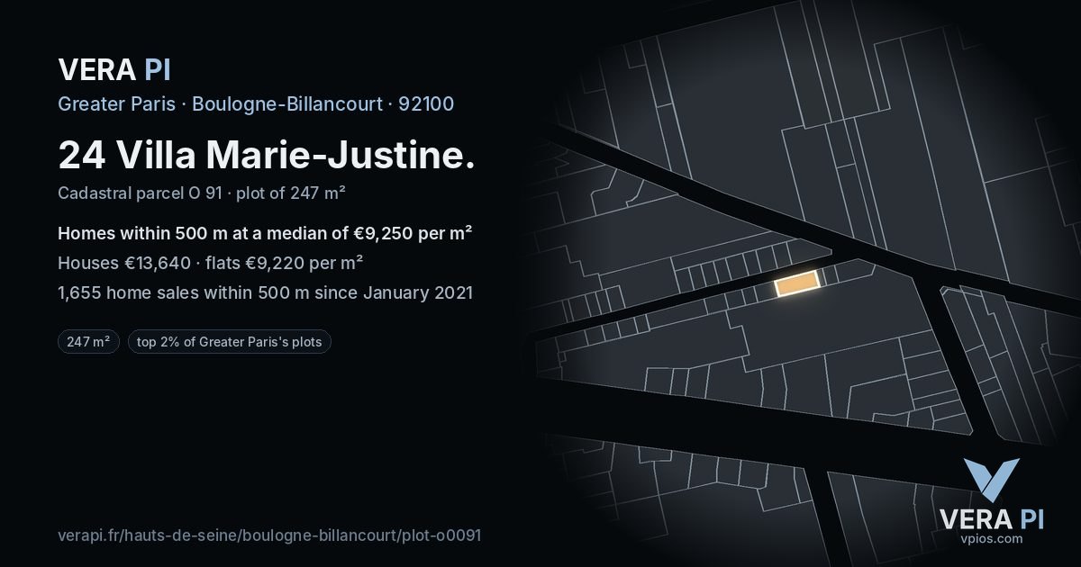 24 Villa Marie-Justine, Boulogne-Billancourt at night – the plot lit, the parcels around coloured by the prices near them