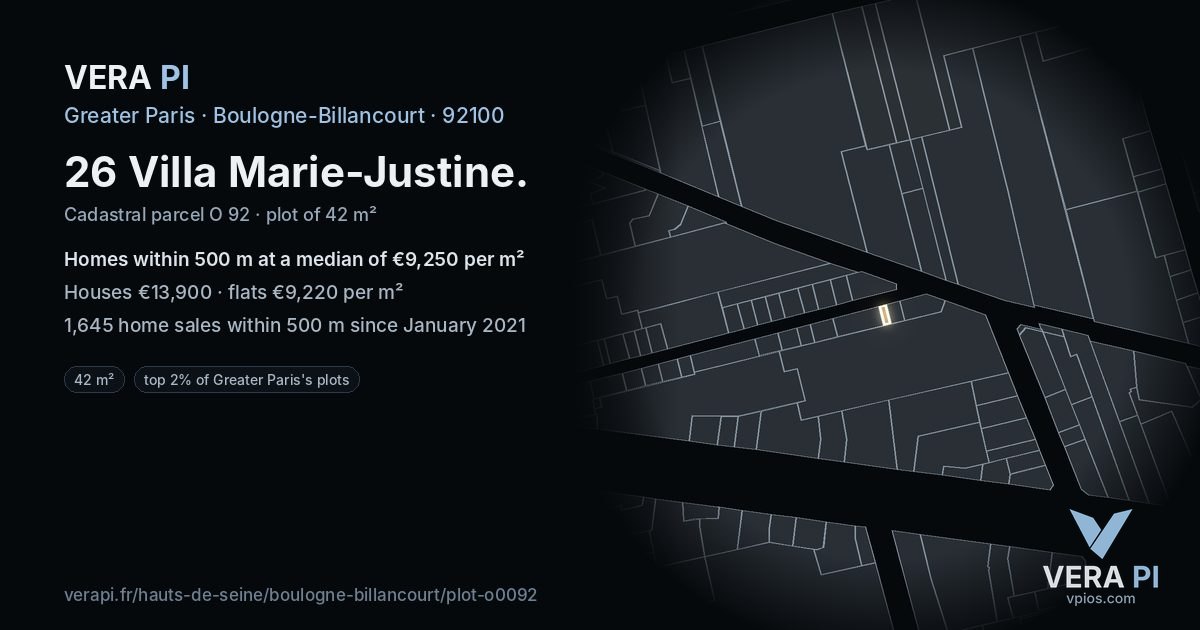 26 Villa Marie-Justine, Boulogne-Billancourt at night – the plot lit, the parcels around coloured by the prices near them