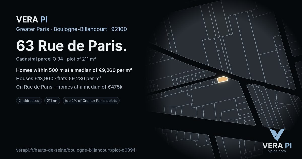 63 Rue de Paris, Boulogne-Billancourt at night – the plot lit, the parcels around coloured by the prices near them
