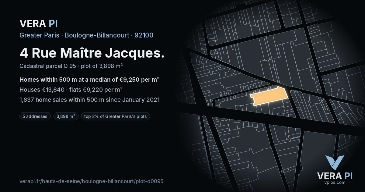 4 Rue Maître Jacques, Boulogne-Billancourt at night – the plot lit, the parcels around coloured by the prices near them