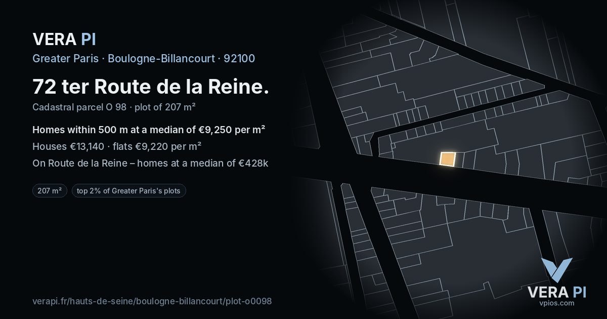 72 ter Route de la Reine, Boulogne-Billancourt at night – the plot lit, the parcels around coloured by the prices near them