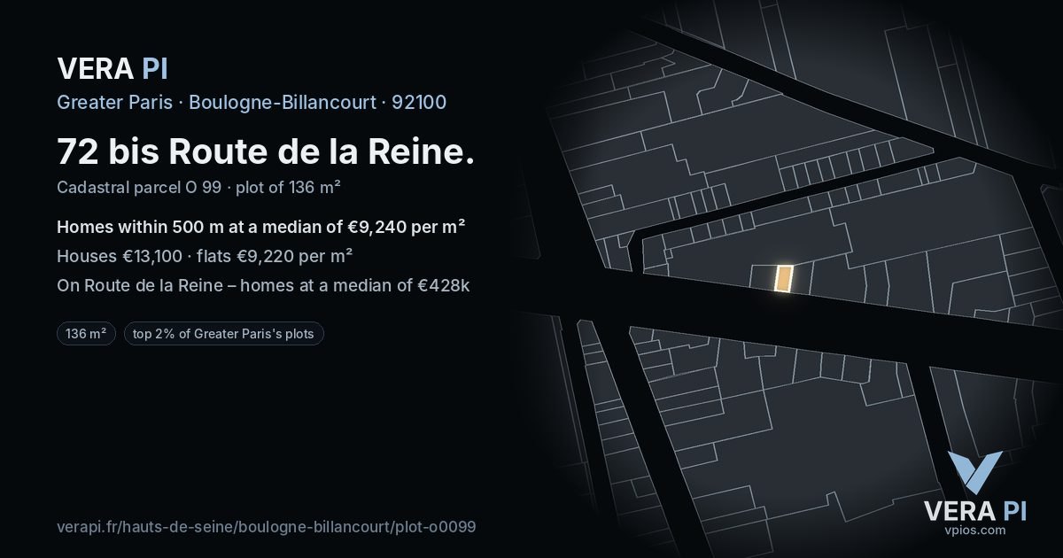 72 bis Route de la Reine, Boulogne-Billancourt at night – the plot lit, the parcels around coloured by the prices near them