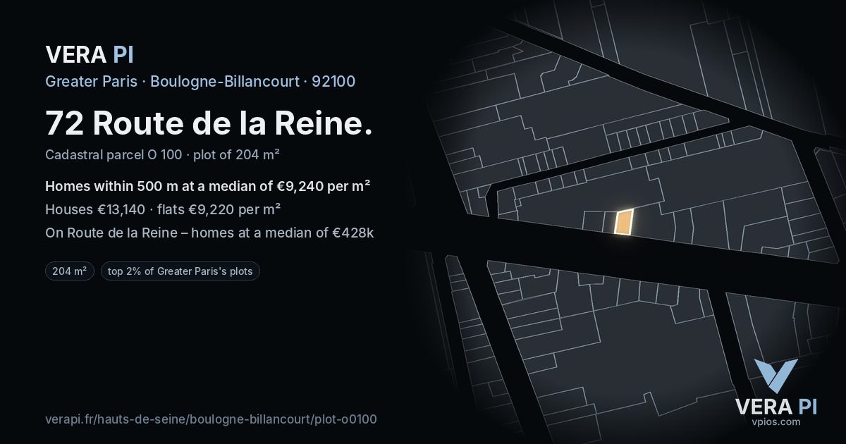 72 Route de la Reine, Boulogne-Billancourt at night – the plot lit, the parcels around coloured by the prices near them