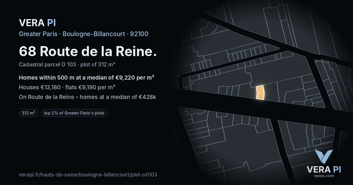 68 Route de la Reine, Boulogne-Billancourt at night – the plot lit, the parcels around coloured by the prices near them